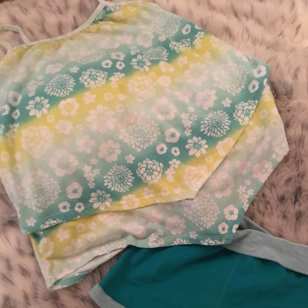 Floral Ruffled shirt and Teal Shorts from Kohl’s